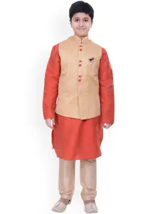 Manyavar Boys Cream-Coloured & Orange Solid Silk Blend Kurta and Churidar & Nehru Jacket
