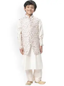 Manyavar Boys Off White Solid Kurta and Pyjamas with Floral Printed Nehru Jacket