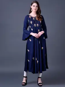 Ziva Fashion Women Blue Embroidered Flared Sleeves Cotton Kurta