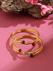 VIRAASI Set Of 2 Gold-Plated Green & Red Stone-Studded Bangles