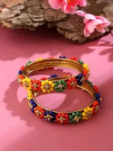VIRAASI Gold-Plated Multicolored Stone-Studded & Beaded Floral Bangle