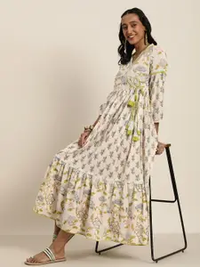 Taavi Women White & Green Handblock Printed Ethnic Pure Cotton A-Line Midi Dress