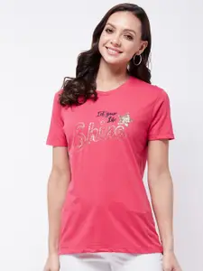 Modeve Women Magenta Typography Printed Cotton T-shirt