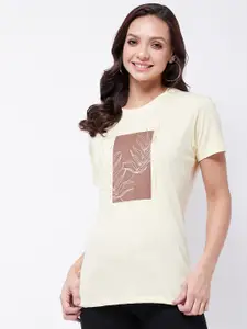 Modeve Women Cream-Coloured Printed Cotton T-shirt