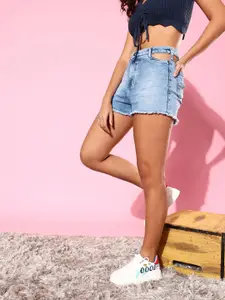 The Roadster Lifestyle Co. Women Blue Denim Shorts With Frayed Hem & Cut Out Detail