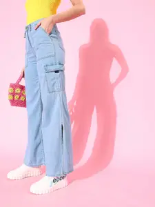 The Roadster Lifestyle Co. Women Blue Pure Cotton Wide Leg Heavy Fade Stretchable Jeans