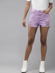 The Roadster Lifestyle Co. Women Pure Cotton High-Rise Heavy Distressed Denim Shorts