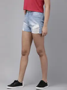 Roadster Women Blue Solid Heavy Distressed Pure Cotton High Rise Denim Shorts