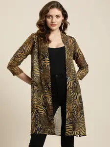 Qurvii Women Beige & Black Animal Skin Printed Longline Shrug