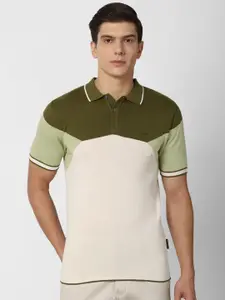 Van Heusen Men Cream-Coloured & Green Colourblocked Polo Collar T-shirt