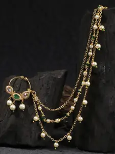 Adwitiya Collection Gold-Plated Green Stone-Studded & Beaded Chained Nose Ring