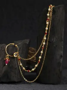 Adwitiya Collection 24 CT Gold-Plated White Kundan Stone-Studded  & Beaded Chained Nose Ring