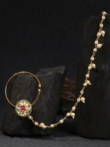 Adwitiya Collection 24 CT Gold-Plated Kundan Studded & Beaded Chained Nose Ring