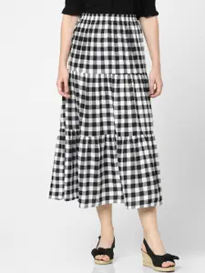 Vero Moda Women Black & White Checked Tiered Midi Skirt