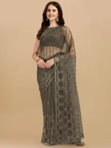 Inddus Green & Silver Sequinned Net Saree
