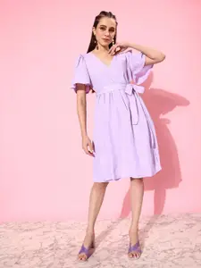 The Roadster Lifestyle Co. Pure Cotton Flared Sleeves Wrap Dress With Gathered Detail
