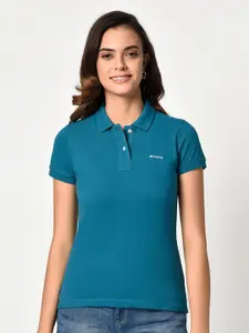 EDRIO Women Teal Blue Solid Polo Collar Cotton T-shirt