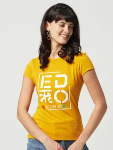 EDRIO Women Mustard Yellow Typography Printed Pure Cotton T-shirt