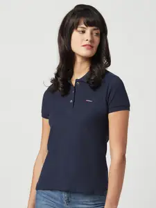 EDRIO Women Navy Blue Polo Collar Organic Cotton T-shirt