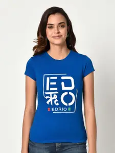 EDRIO Women Blue & White Typography Printed Pure Cotton T-shirt
