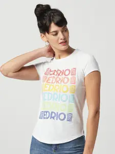 EDRIO Women White Typography Printed Pure Cotton T-shirt