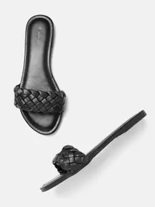 Van Heusen Woman Black Braided Woven Design Open Toe Flats