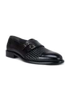 ROSSO BRUNELLO Men Textured Black Leather Formal Monk Shoes