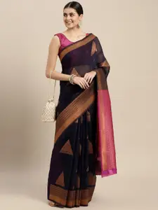 Saree Swarg Navy Blue & Magenta Woven Design Silk Blend Banarasi Sarees