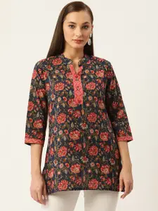 FABRIC FITOOR Navy Blue & Peach-Coloured Floral Printed Pure Cotton Kurti