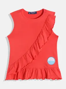 Allen Solly Junior Girls Red Solid Pure Cotton Brand Logo Applique A-Line Dress