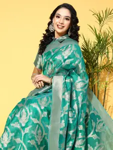 Saree mall Teal Ethnic Motifs Zari Organza Banarasi Sarees
