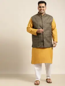 SOJANYA PLUS Men Plus Size Mustard Yellow Solid Kurta & Churidar Comes With a Nehru Jacket