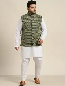 SOJANYA PLUS Plus Size Men White Cotton Kurta with Churidar & Nehru Jacket