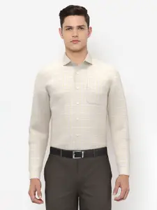 Peter England Elite Men Cream-Coloured Slim Fit Grid Tattersall Checks Checked Formal Shirt