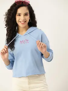 DressBerry Women Blue Embroidered Hooded Sweatshirt