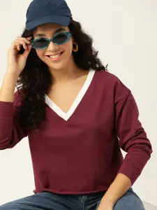 DressBerry Women Maroon Solid Cropped Sweatshirt