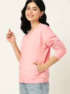 DressBerry Women Pink Solid Drop-Shoulder Sleeves Front-Open Sweatshirt
