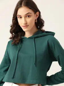 DressBerry Women Teal Green Solid Hooded Crop Sweatshirt