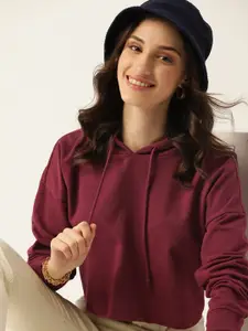 DressBerry Women Burgundy Hooded Crop Sweatshirt