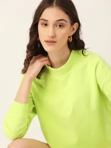 DressBerry Women Lime Green Solid Turtle Neck Crop Sweatshirt