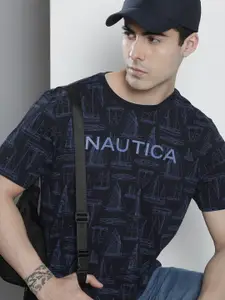 Nautica Men Navy Blue Brand Logo Printed Pure Cotton T-shirt