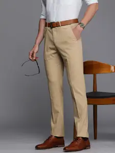 Louis Philippe Men Beige Striped Super Slim Fit Trousers