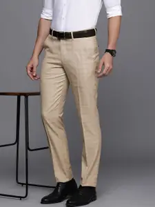 Louis Philippe Men Beige Checked Slim Fit Trousers