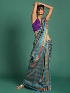 Saranee Grey & Blue Checked Venkatgiri Saree