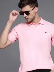 Louis Philippe Men Pink Pure Cotton Solid Polo Collar T-shirt