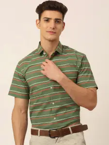 JAINISH Men Olive Green Standard Horizontal Stripes Striped Formal Shirt