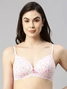 Enamor Women Pink White Padded Non-Wired High Coverage T-Shirt Bra With Detachable Straps