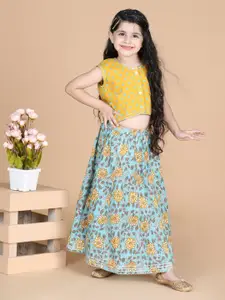 LIL PITAARA Girls Blue & Yellow Printed Ready to Wear Lehenga & Choli
