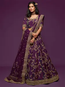 FABPIXEL Purple & Gold Embroidered Semi-Stitched Lehenga & Unstitched Blouse With Dupatta