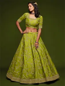 FABPIXEL Green Embroidered Semi-Stitched Lehenga & Unstitched Blouse With Dupatta